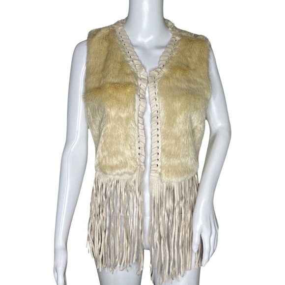 Anthropologie Raga Vest Womens Medium Nomad Fringe Ivory Cream Faux Fur Festival - Picture 1 of 8